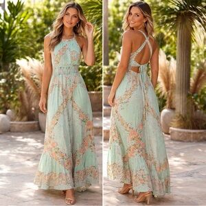 JAASE Boho Floral Maxi Dress Green Rayon Open Back Size M New with tags